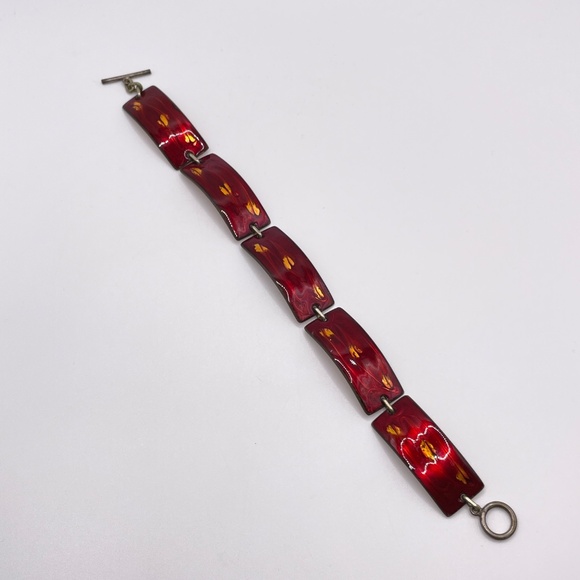 Marco Signed Vintage Copper Ruby Red Enamel Rectangle Link Bracelet 7" - Picture 12 of 12